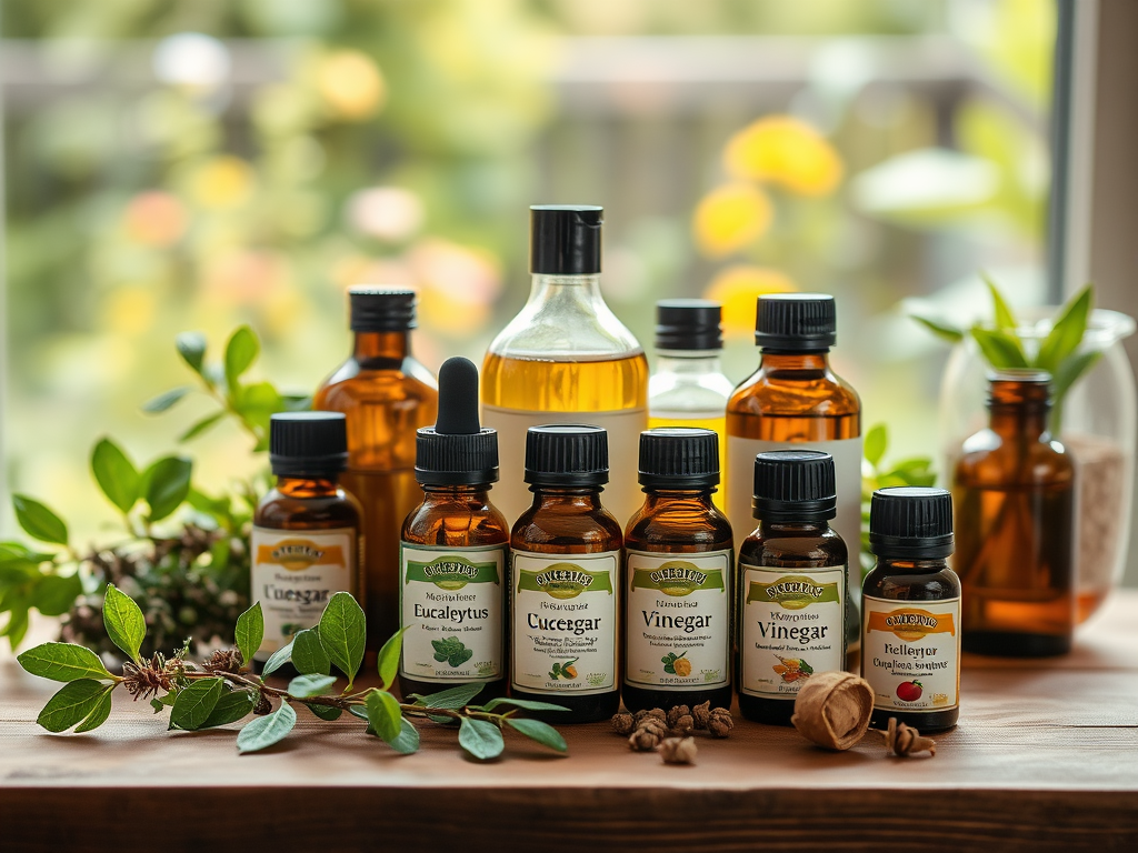 A collection of essential oil bottles and natural extracts displayed on a wooden surface with greenery in the background.