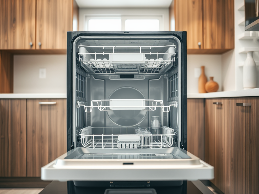 An open dishwasher in a modern kitchen with wooden cabinets and a bright window in the background.