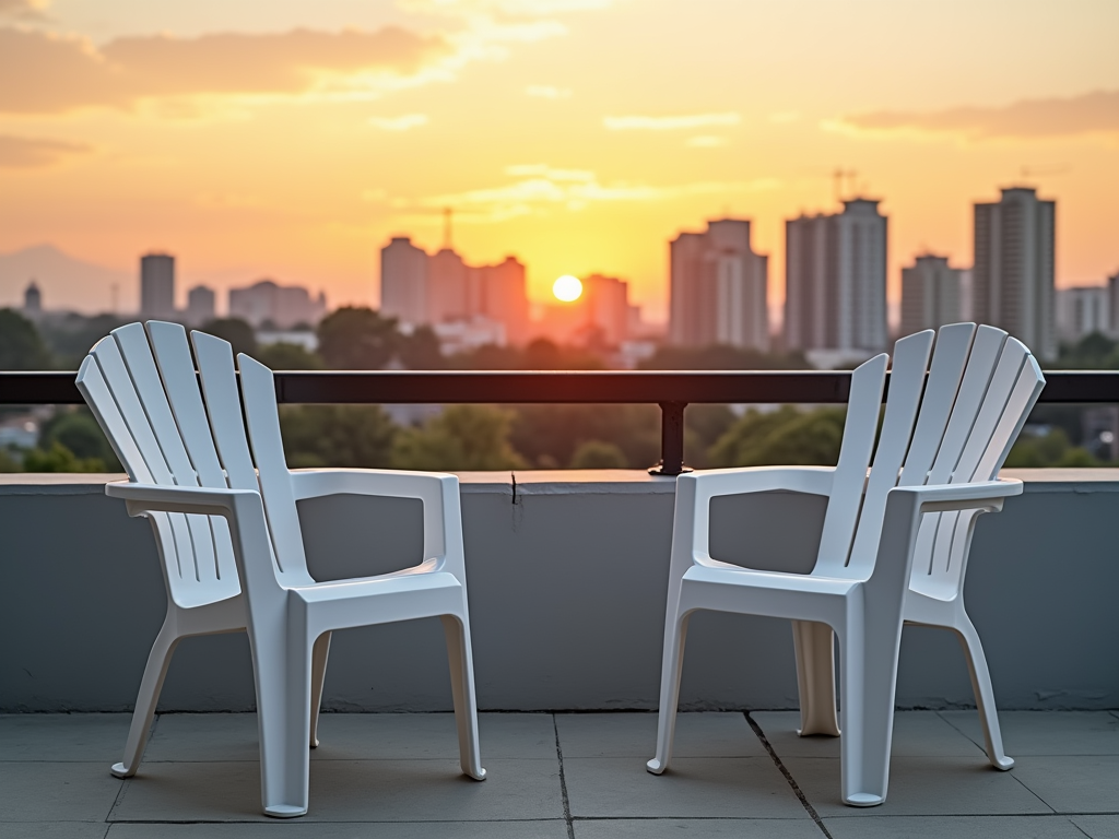 Two white chairs on a balcony overlooking a cityscape during sunset.