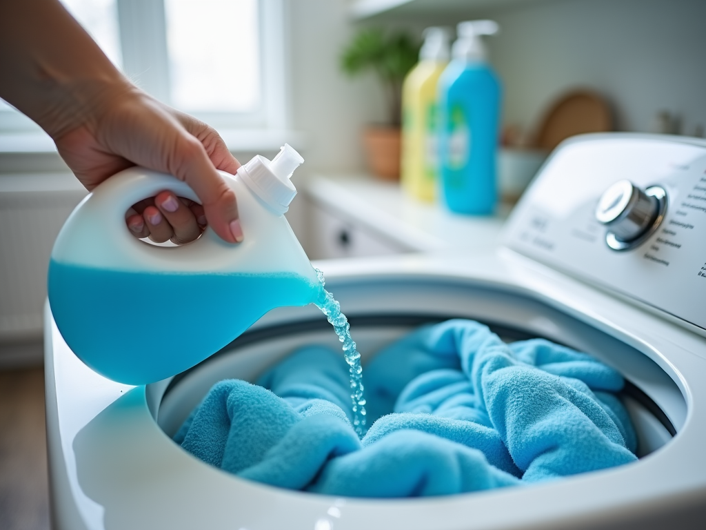 Person pouring liquid detergent into washing machine with blue towels inside.