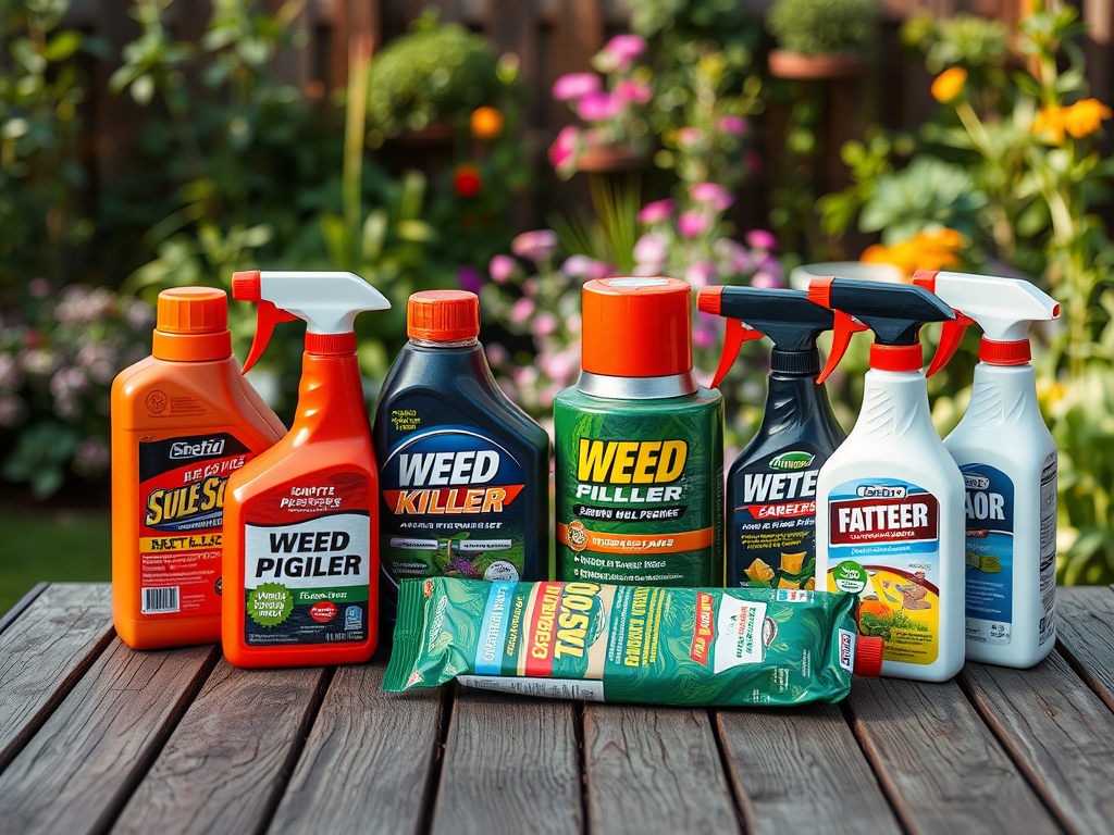 A variety of garden weed control products displayed on a wooden table, with colorful flowers in the background.