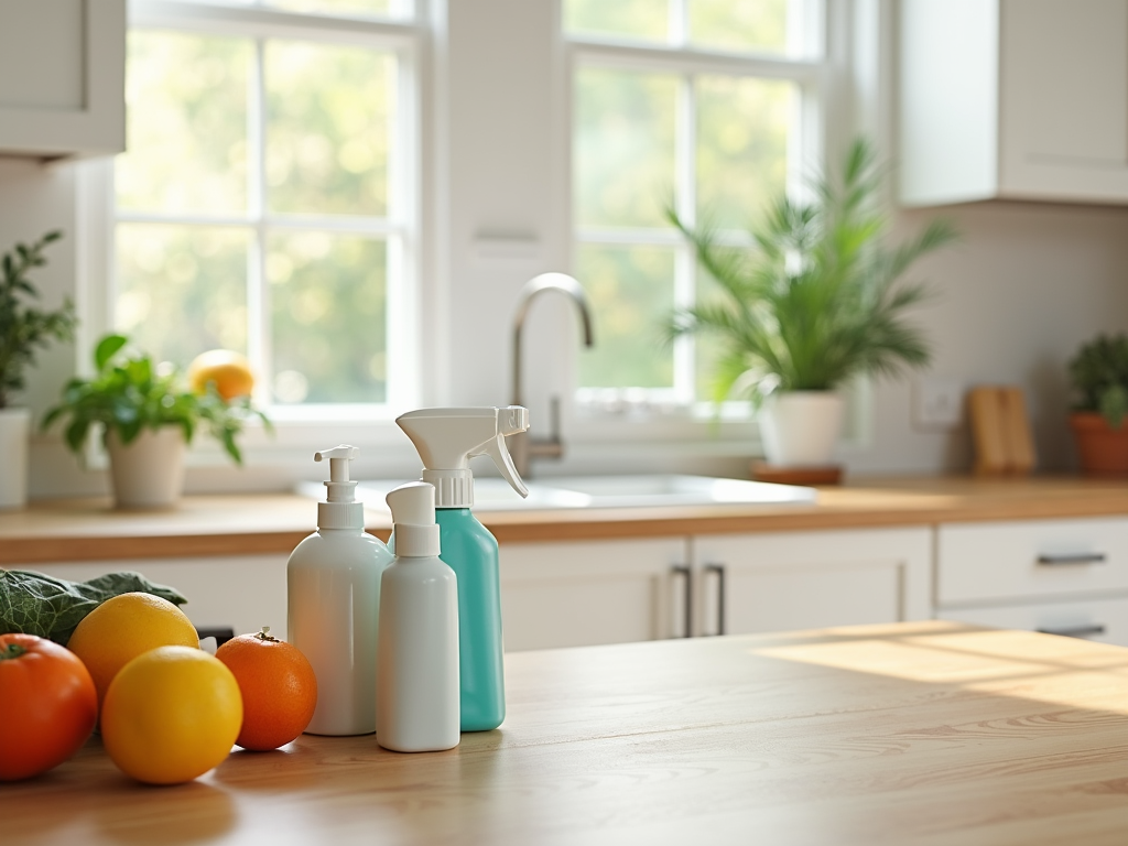 Kitchen counter with cleaning supplies and fresh produce, sunny window in background.