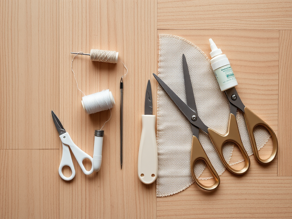 A collection of sewing tools: scissors, threads, a needle, fabric, and fabric glue on a wooden surface.