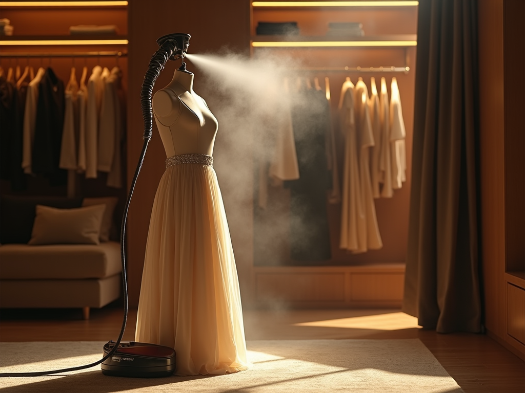 Mannequin in an elegant dress being steamed in a sunlit, luxurious closet.