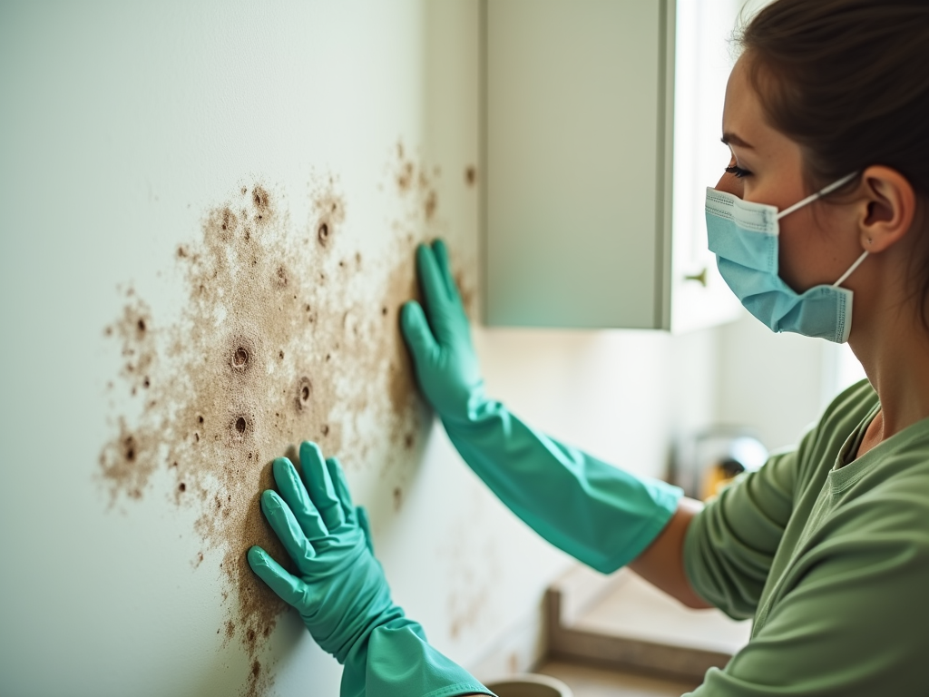 Woman in mask and gloves examining mold on a wall.