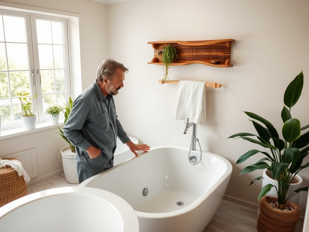A man stands thoughtfully near a modern bathtub in a bright, plant-filled bathroom.