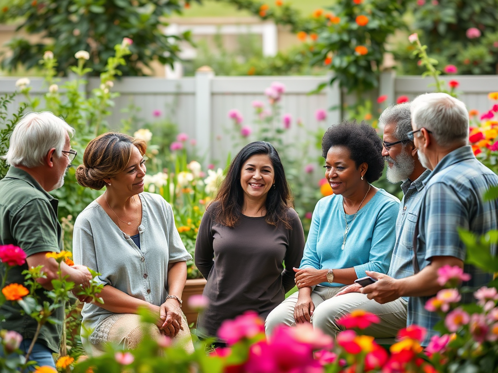 A diverse group of six people sits together in a flower garden, smiling and engaging in conversation.