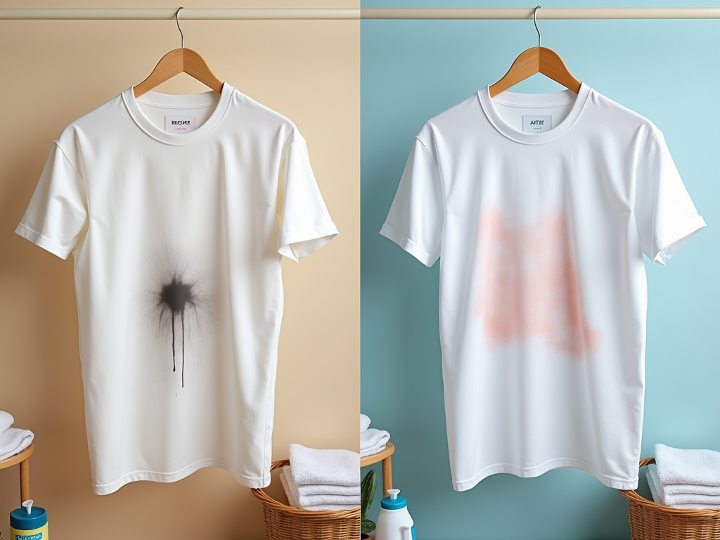 Two white T-shirts hanging on wooden hangers; one with a black ink stain, the other with a pink stain.