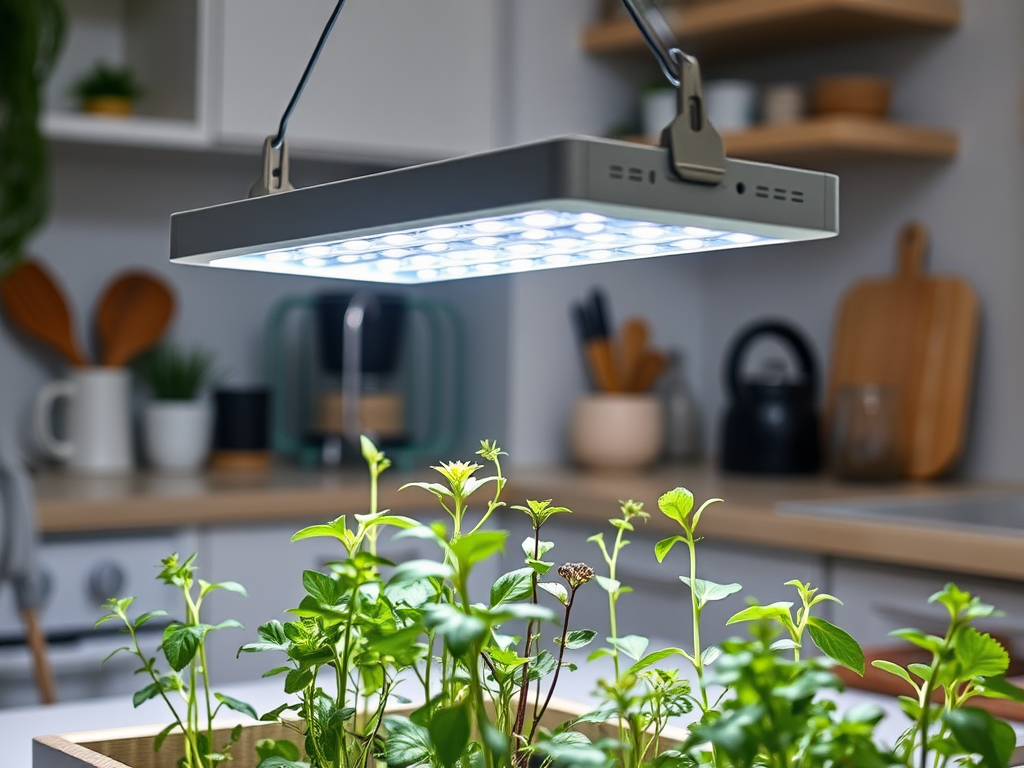 A modern kitchen with a LED grow light illuminating fresh herbs in a wooden planter. Cozy decor in the background.