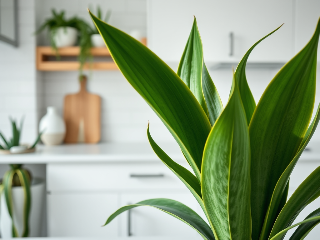 A close-up of a lush green plant with long leaves in a bright, modern kitchen setting.