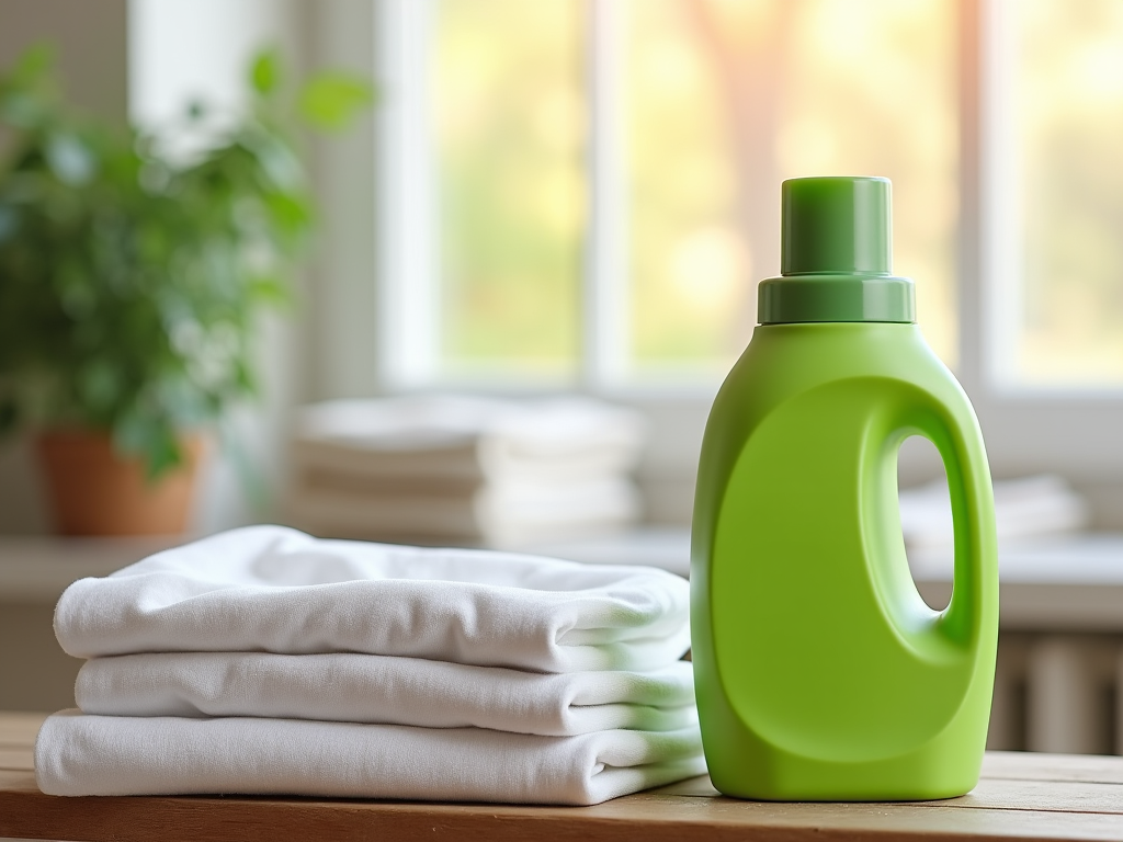 Green laundry detergent bottle beside folded white towels on a wooden table, with a sunny window background.