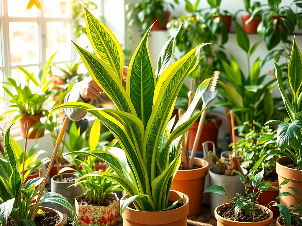 A bright indoor garden with various potted plants and a person tending to vibrant green leaves in sunlight.