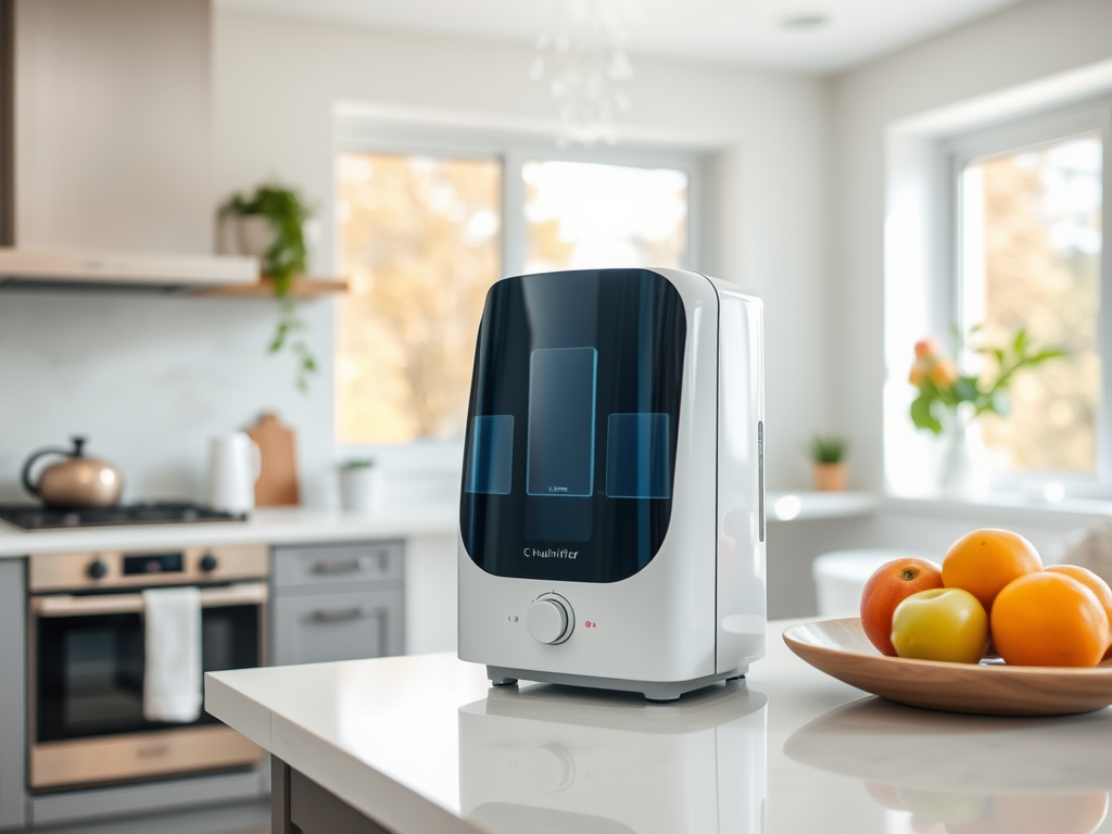 A modern air purifier on a kitchen countertop, next to a bowl of colorful fruits and a sunny window.