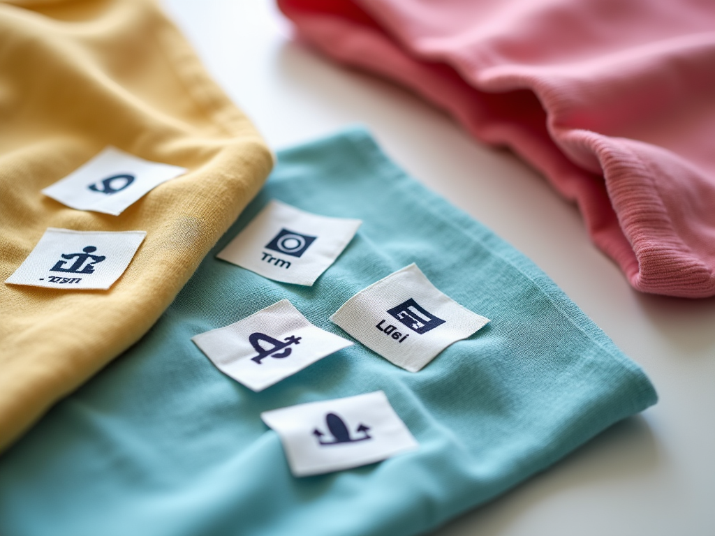 Colorful clothes with care labels showing washing symbols laid out on a surface.