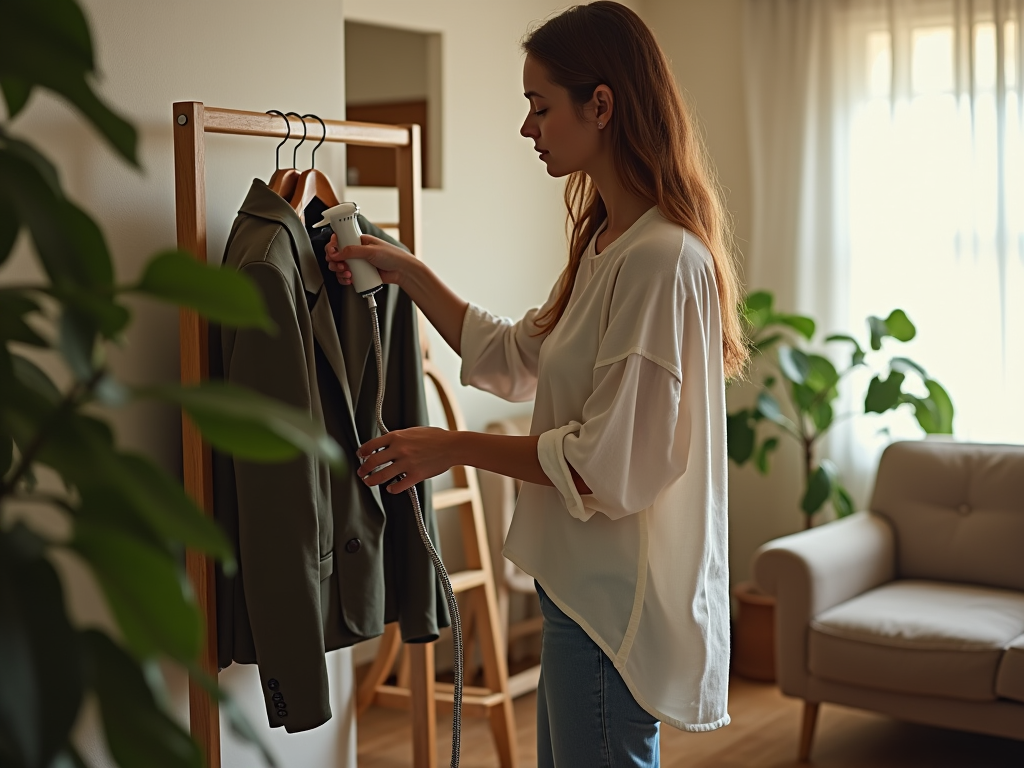 Woman using a handheld steamer on clothes hanging in a cozy living room.