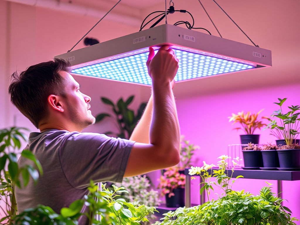 A man adjusts a LED grow light above various potted plants in a brightly lit indoor garden.