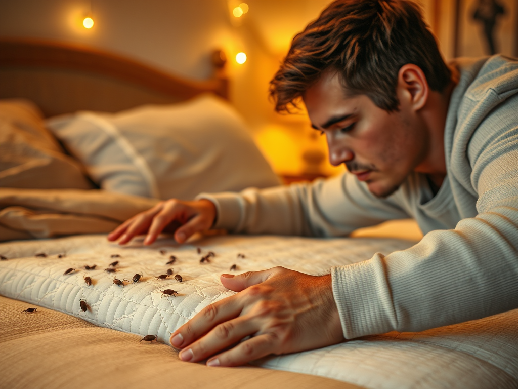 A man examines a mattress infested with bedbugs, looking concerned in a softly lit bedroom.