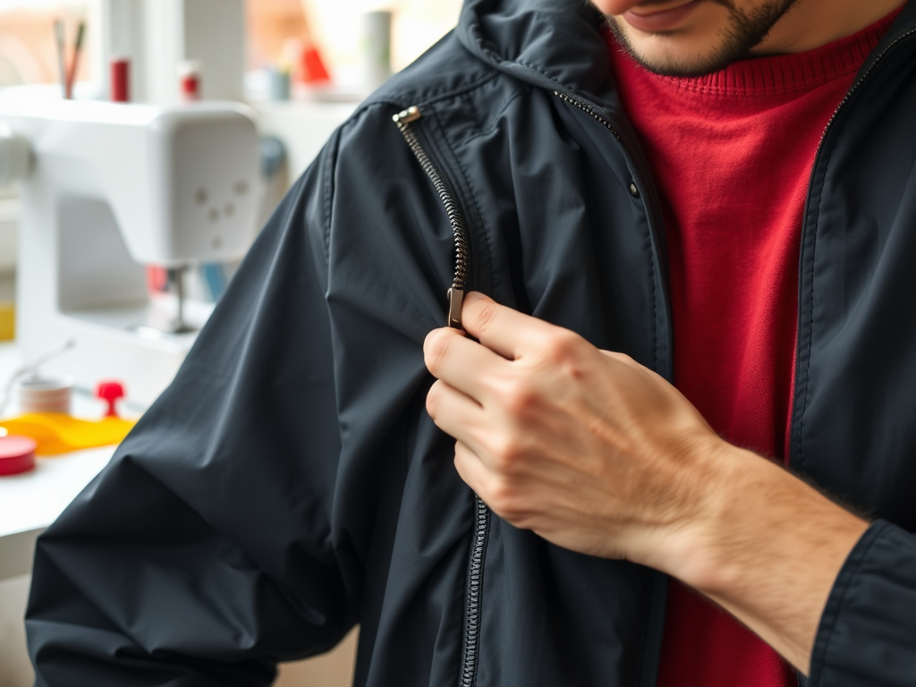A person in a navy jacket zips up their garment in a bright, well-lit room with sewing supplies around.