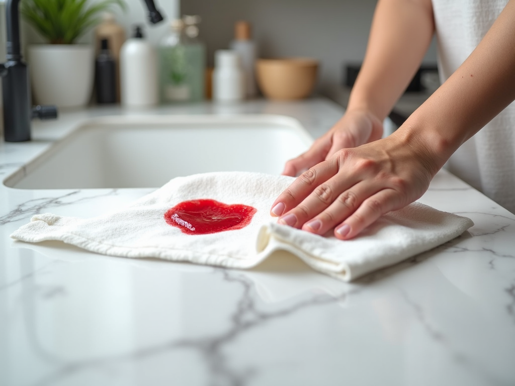 Person cleaning a red stain on a white towel on a kitchen counter.