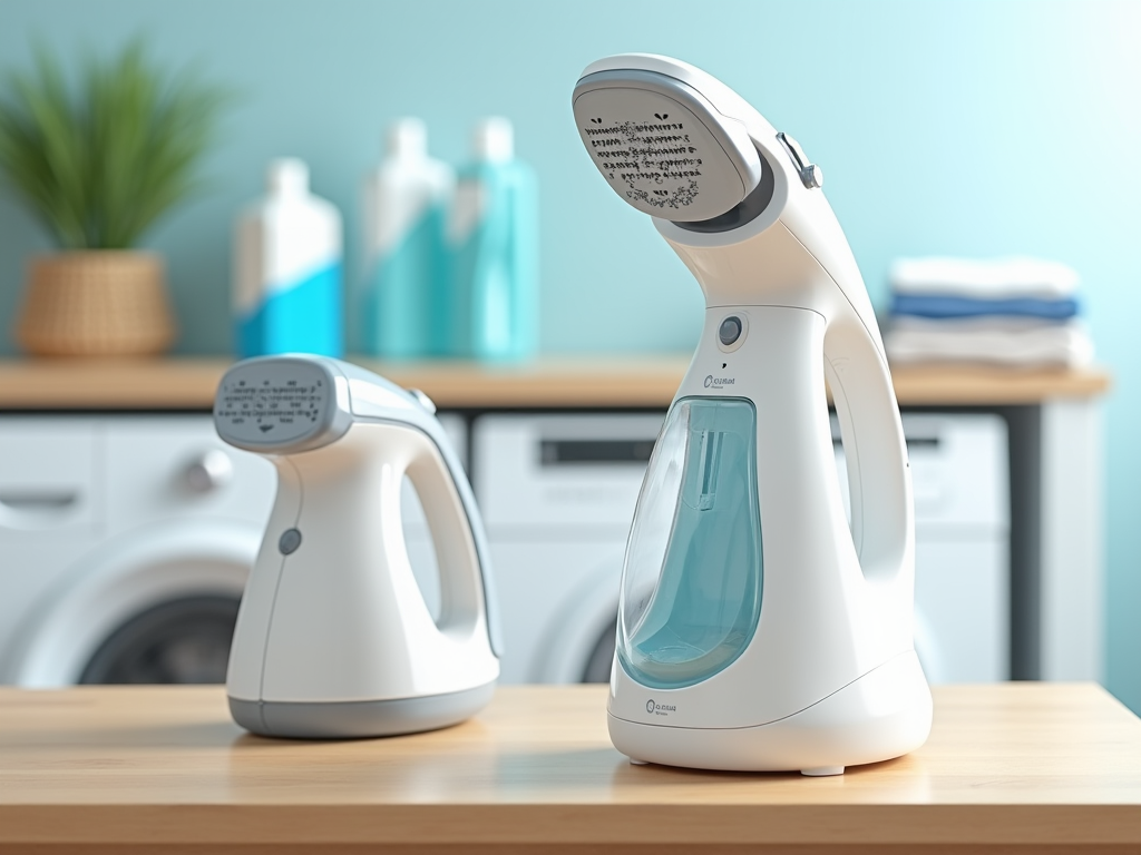 Two garment steamers on a wooden table in a laundry room, larger one with visible water tank.