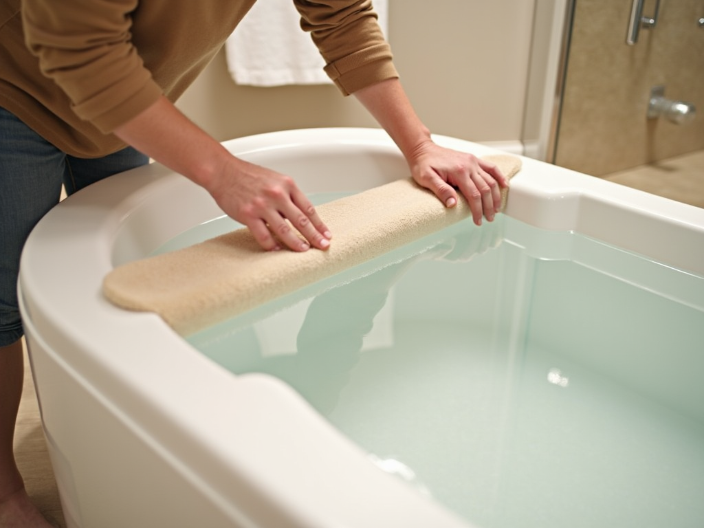 Person placing a non-slip mat in a filled bathtub, ensuring safety.