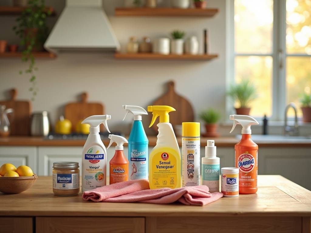 Various cleaning products on a kitchen counter with sunlight streaming through a window.