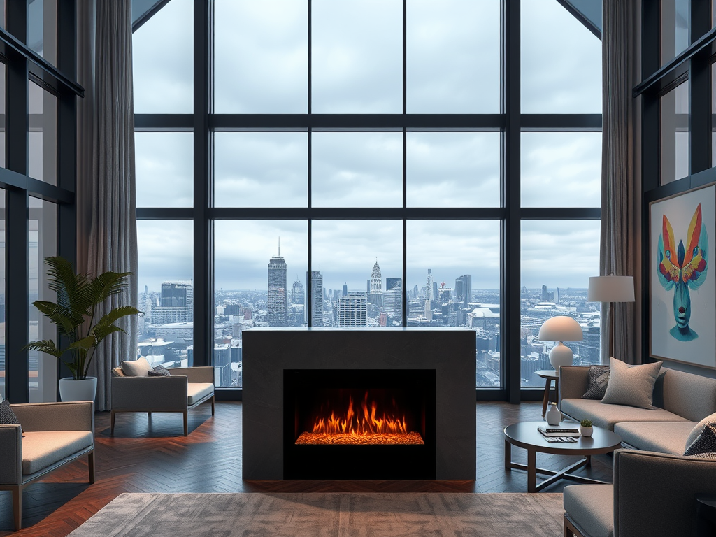 A modern living room with a fireplace, large windows showing a city skyline under a cloudy sky.