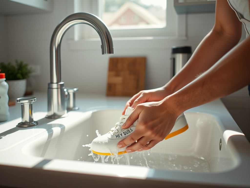 A person washes a white sneaker in a sink under running water, with soap and a leafy plant nearby.