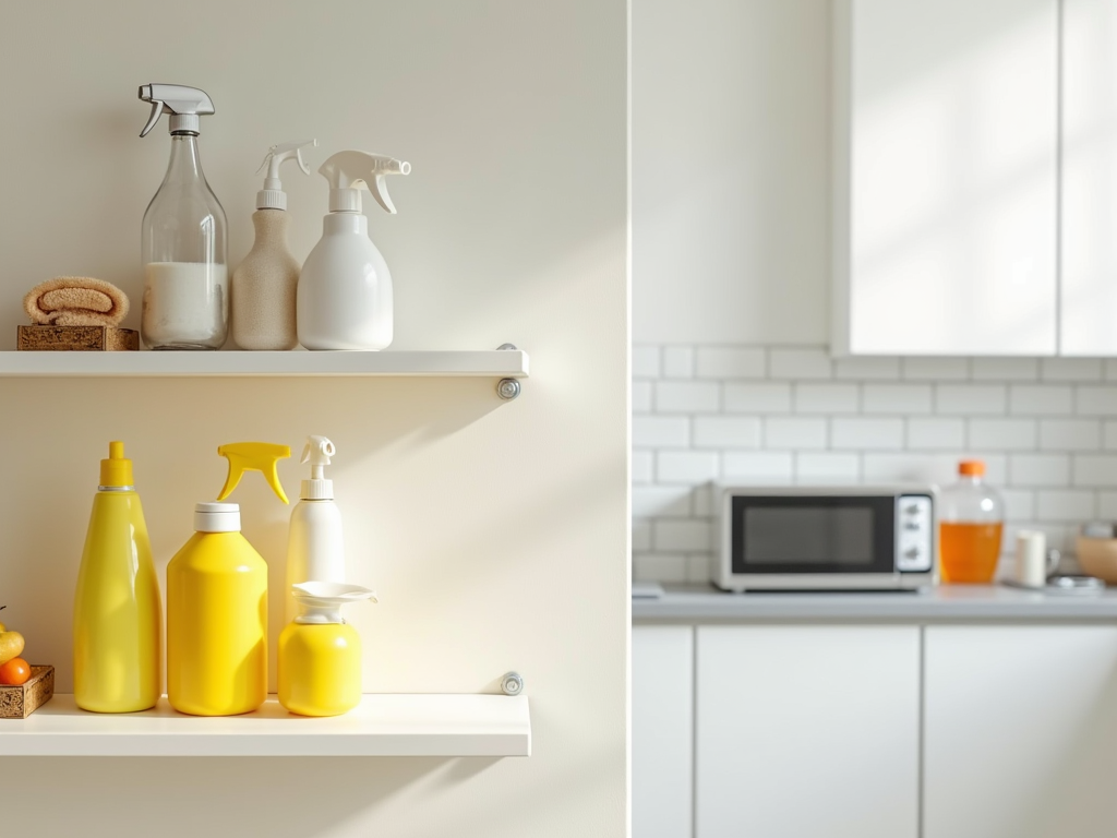 Two images: left shows various cleaning bottles on a shelf, right features a modern kitchen counter with microwave.