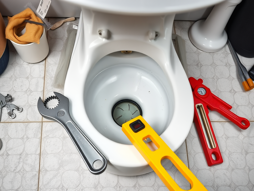 Tools and supplies are arranged around a toilet bowl, including wrenches and a level, on a tiled floor.