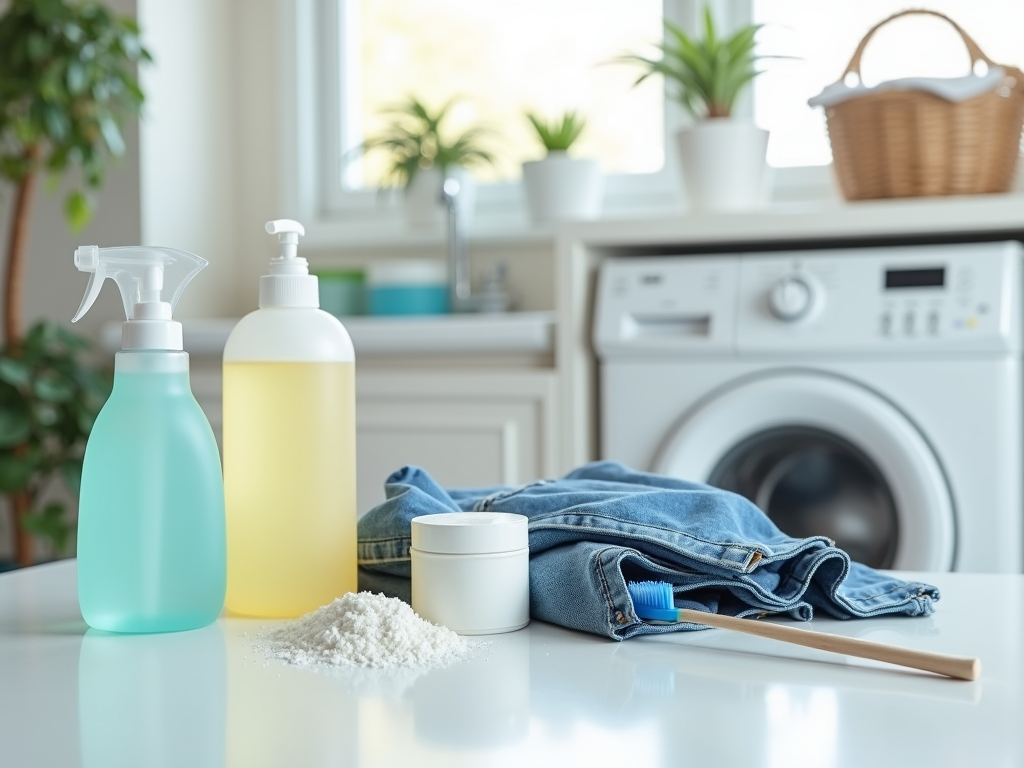 Laundry supplies on a countertop with washing machine and plants in the background.