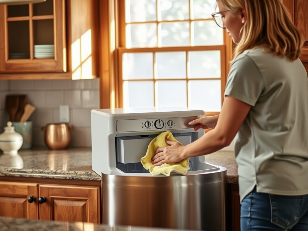 A person wipes down an ice maker in a bright kitchen with wooden cabinets and a granite countertop.