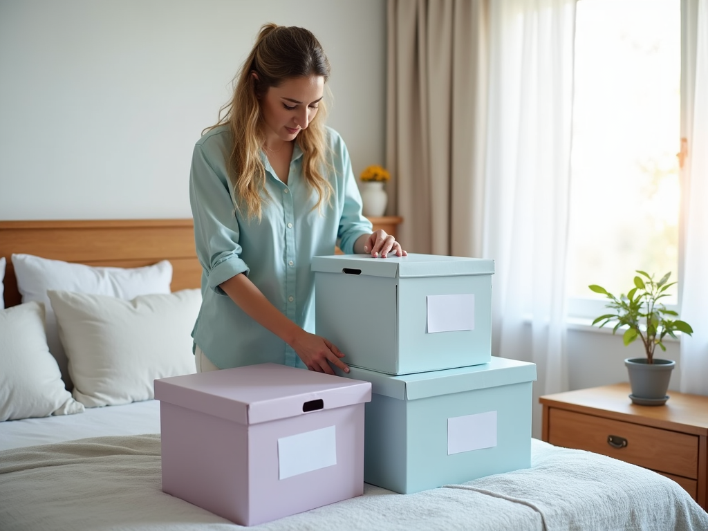 Woman organizing pastel-colored storage boxes on bed in a sunlit bedroom.