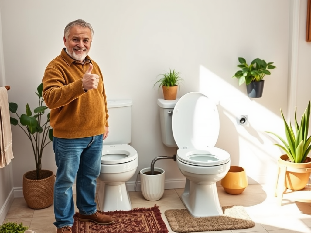 A smiling older man gives a thumbs up in a bright bathroom with two toilets and potted plants around.