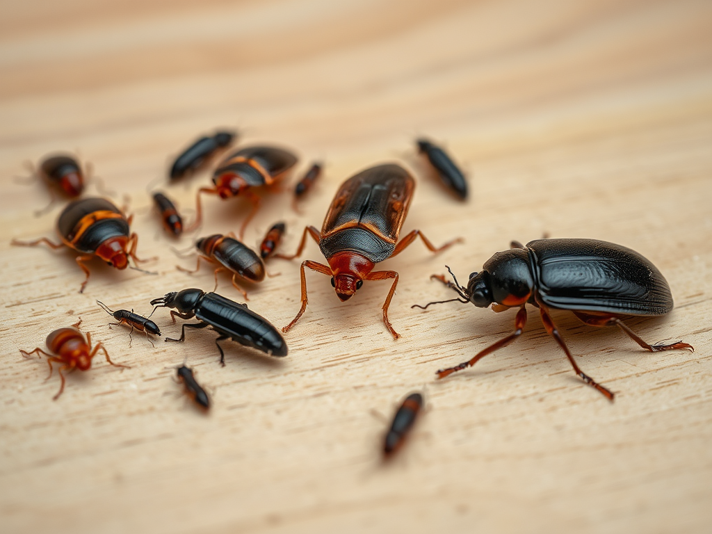 A close-up of various beetles, some large and shiny, on a wooden surface, showcasing their distinct colors and features.