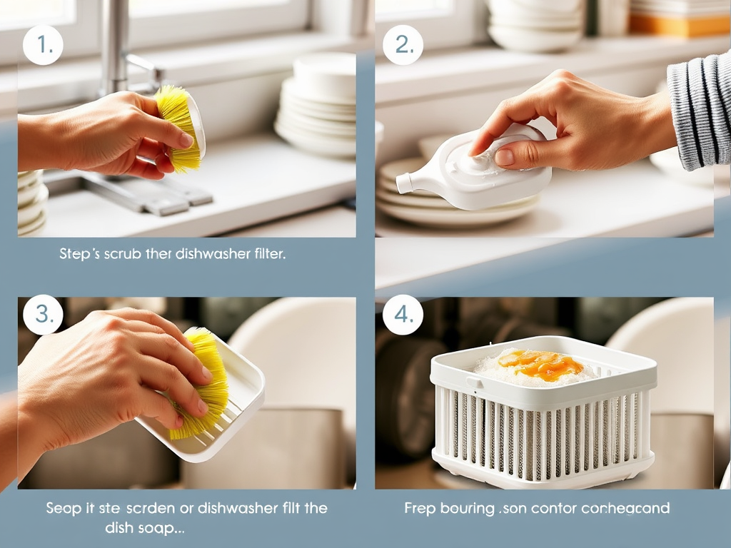 Instructions for cleaning a dishwasher filter using a brush and dish soap in four steps.