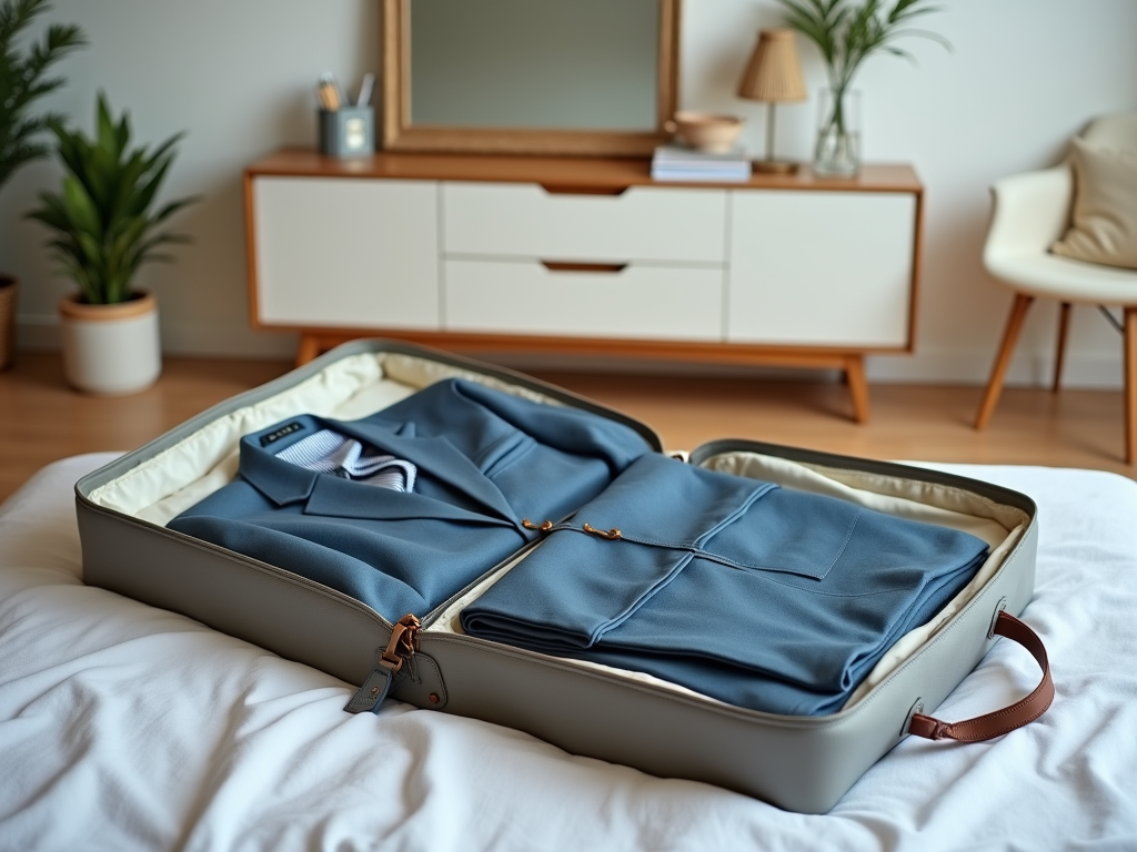 An open suitcase on a bed with neatly packed clothes, in a stylish bedroom setting.