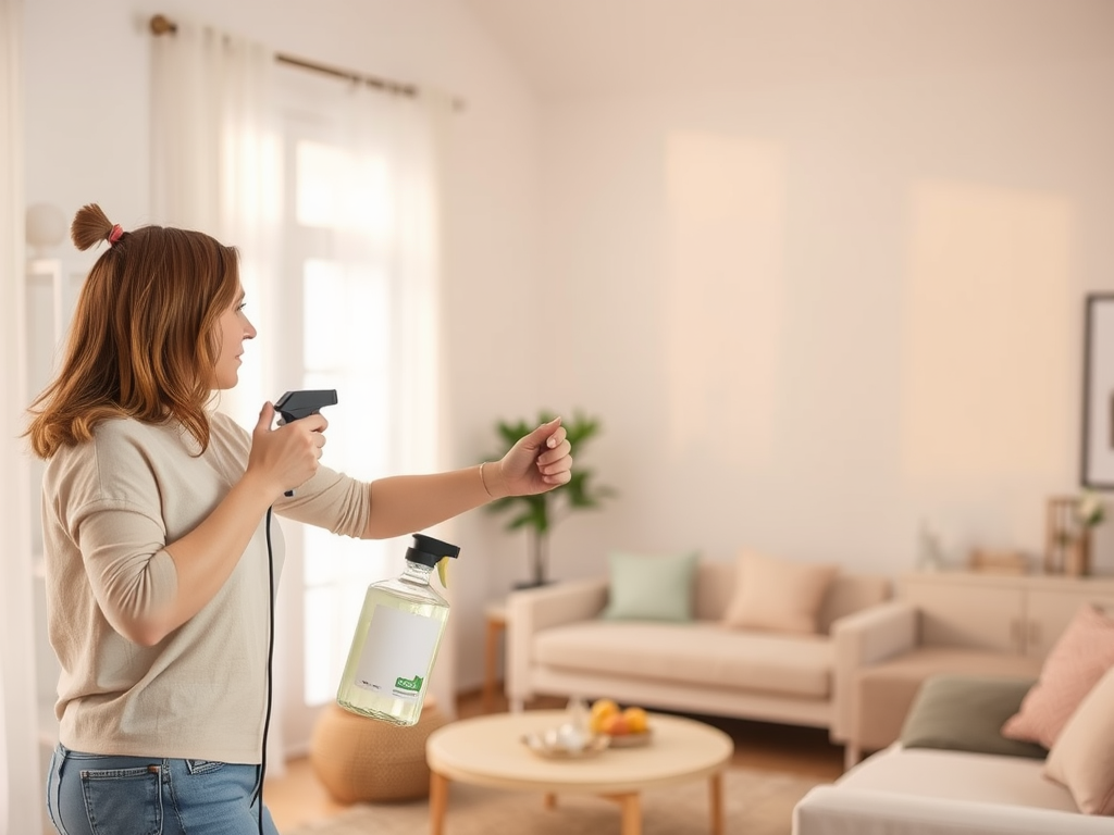 A woman holds a spray device and a bottle, preparing to clean in a bright, cozy living room.