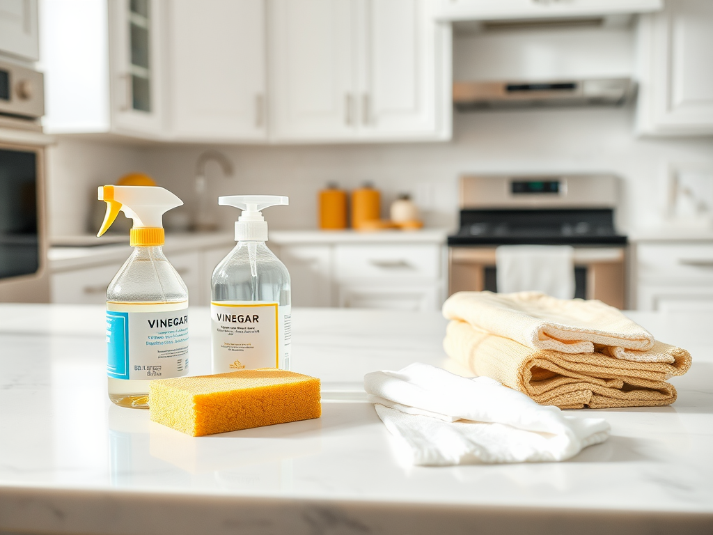 Two bottles of vinegar cleaner, a yellow sponge, and folded towels are arranged on a kitchen countertop.