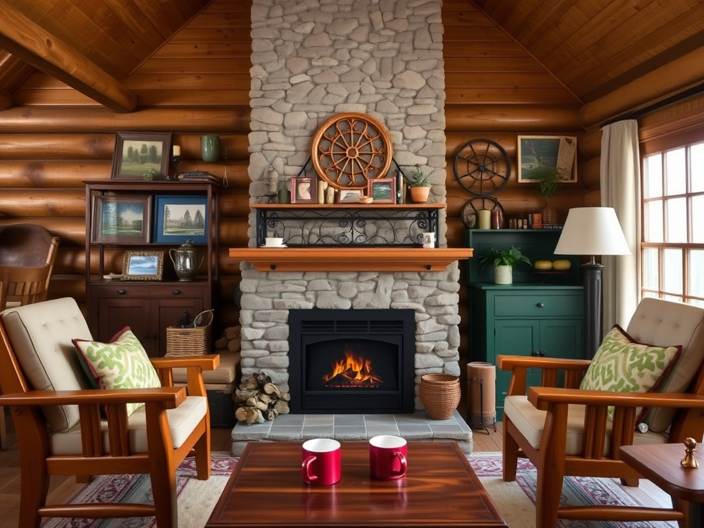 A cozy log cabin living room with a stone fireplace, wooden furniture, and warm decor. Two mugs on the coffee table.