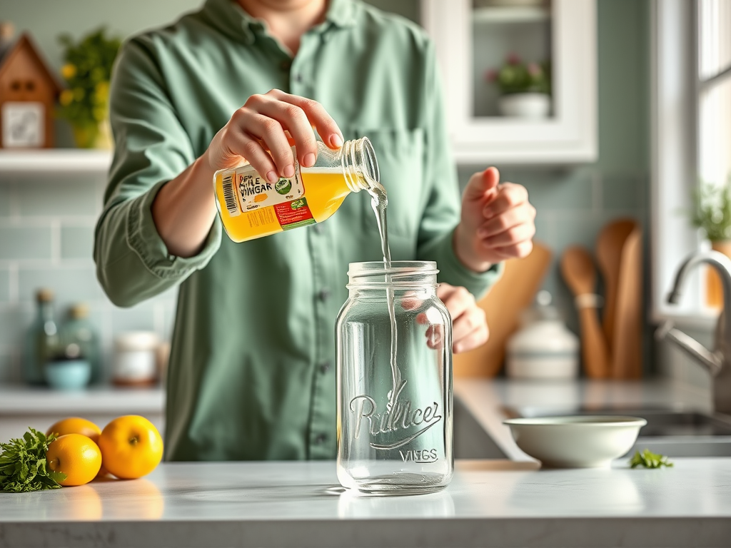 A person pours apple cider vinegar from a bottle into a glass jar in a bright kitchen setting.