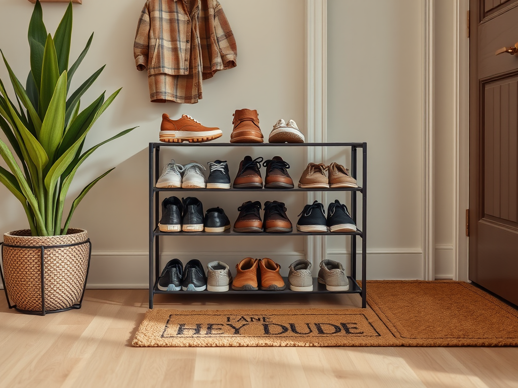 A shoe rack filled with various shoes beside a potted plant and a welcome mat that reads "HEY DUDE."